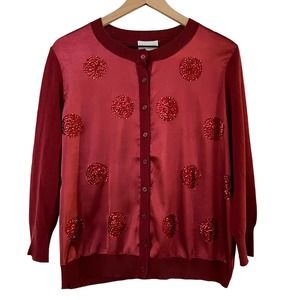 Soft Surroundings Women's Large Red 3/4 Sleeve Cardigan Sequin Polka Dots